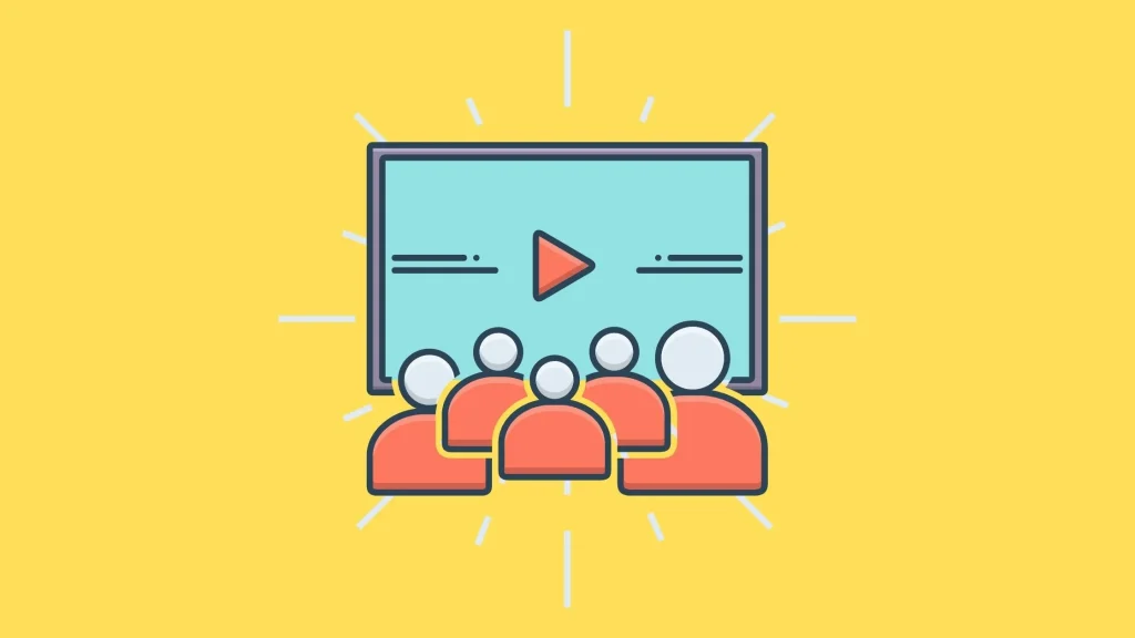 A group of people watching a video on a yellow background, aiming to enhance its quality.