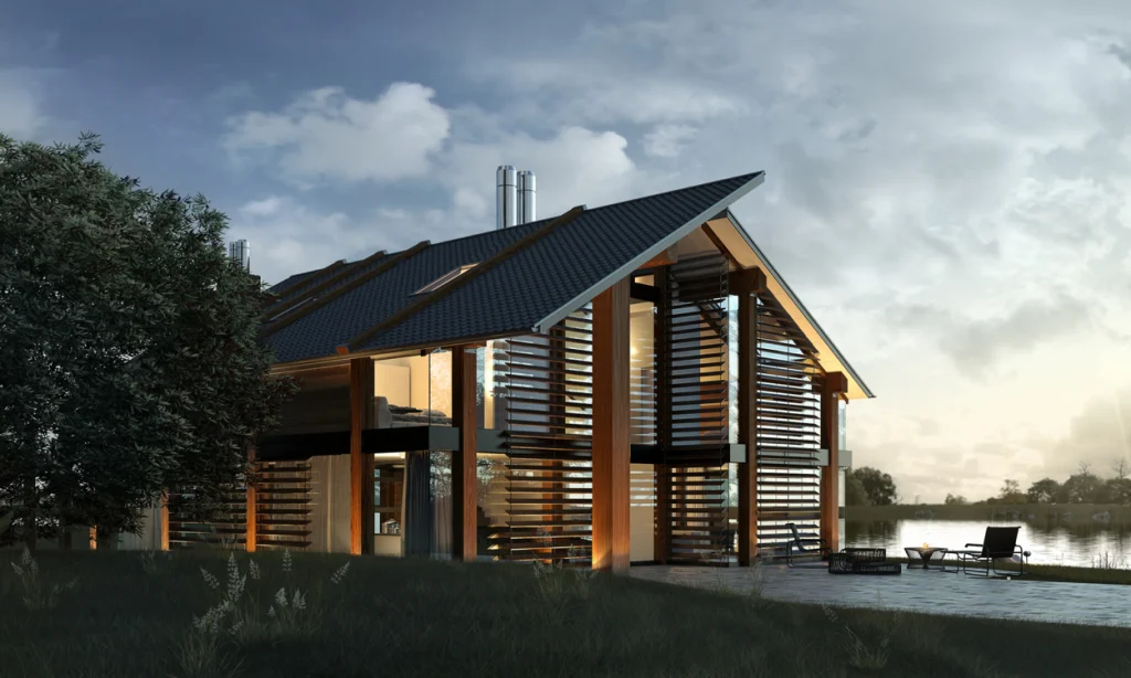 A 3D rendering showcasing a contemporary lakefront house.