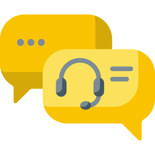 Two yellow speech bubbles with a headset icon.