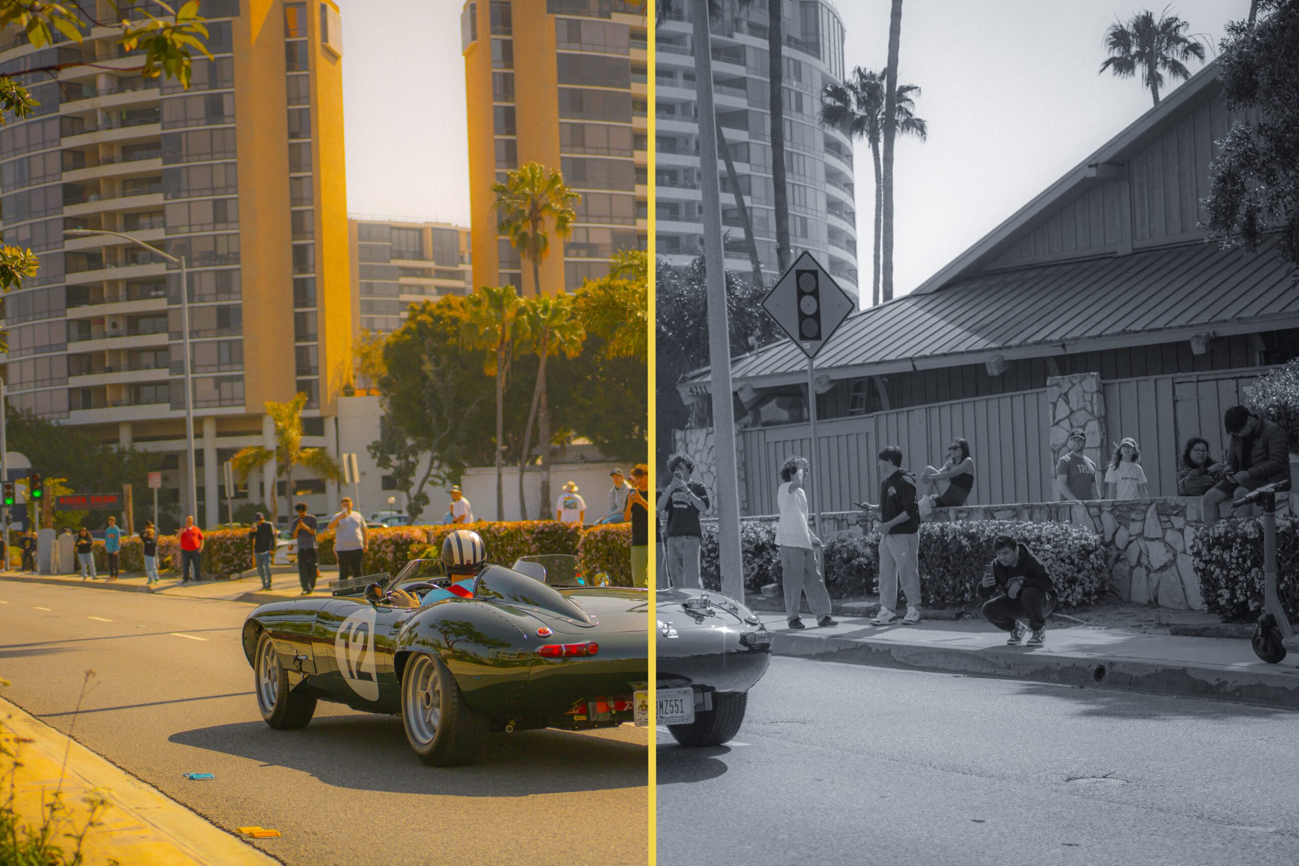 A black and white photo of a car driving down a street, colorized.