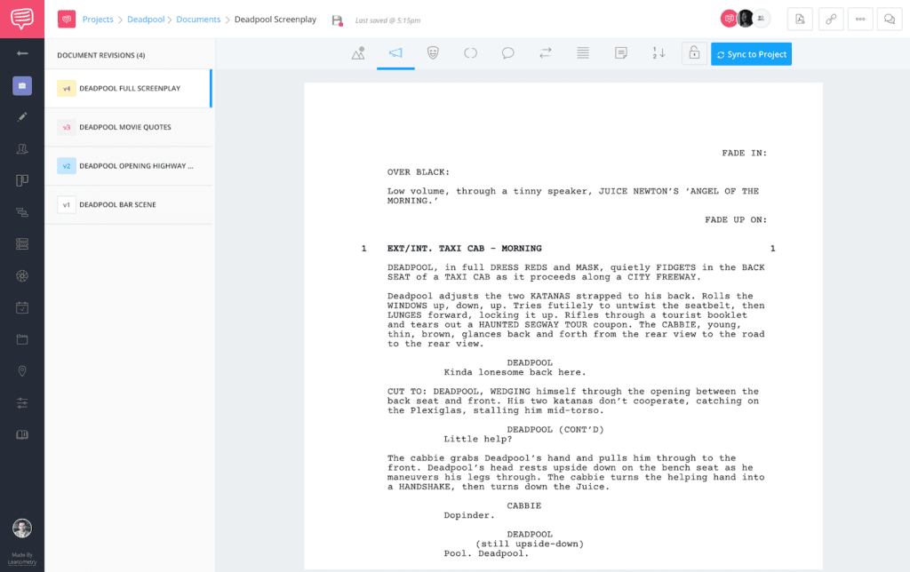A screen shot of a document captured on screenwriting software.