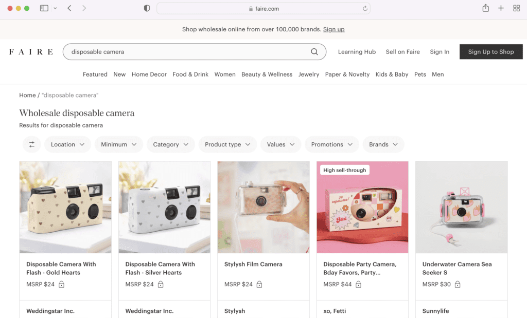 A screen shot of a website showcasing a range of items available for bulk purchase, including disposable cameras.