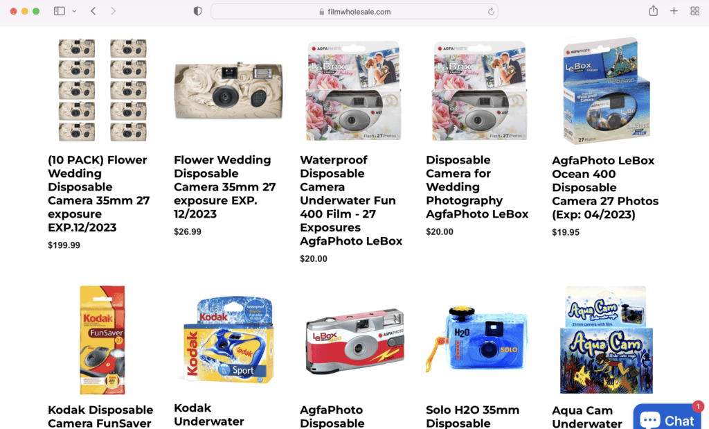 A screen shot of a website offering bulk buy disposable cameras.