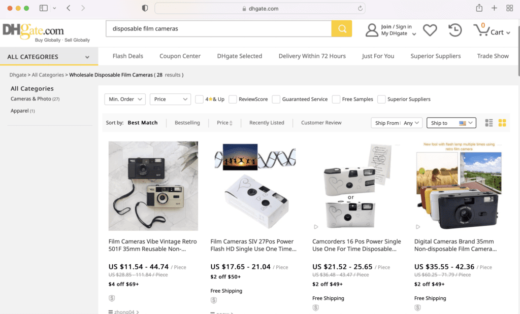 A screen shot of a website displaying a wide range of items available for bulk purchase, including disposable cameras.