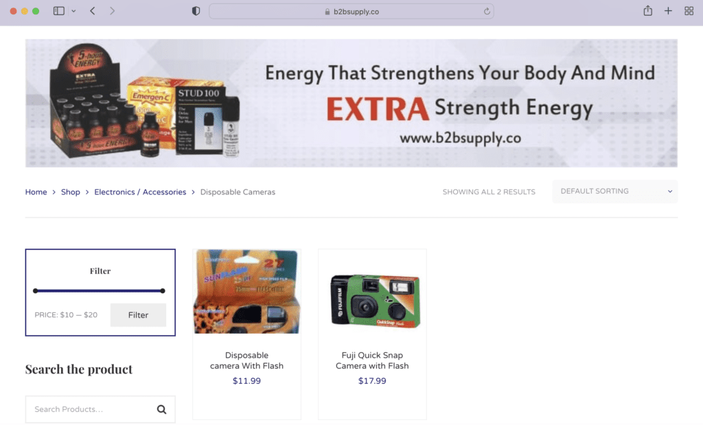 A screen shot of an e-commerce website selling disposable cameras in bulk.