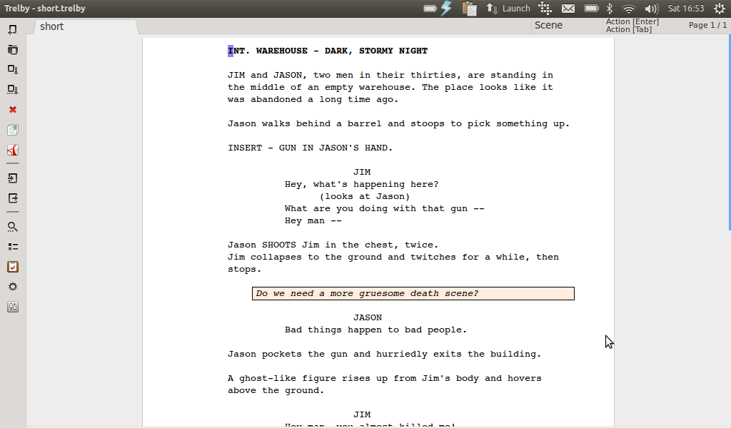 A screen shot of a text editor designed for screenwriting on a computer.