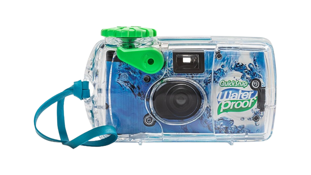 A water proof camera with a green handle, perfect for outdoor adventures or underwater exploration.