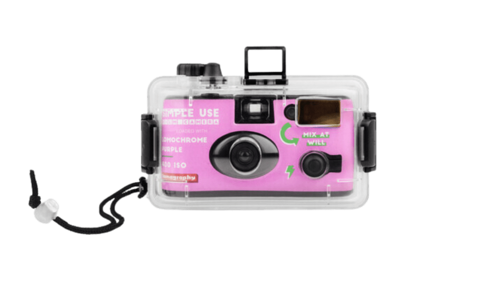 A pink disposable camera with a protective case.