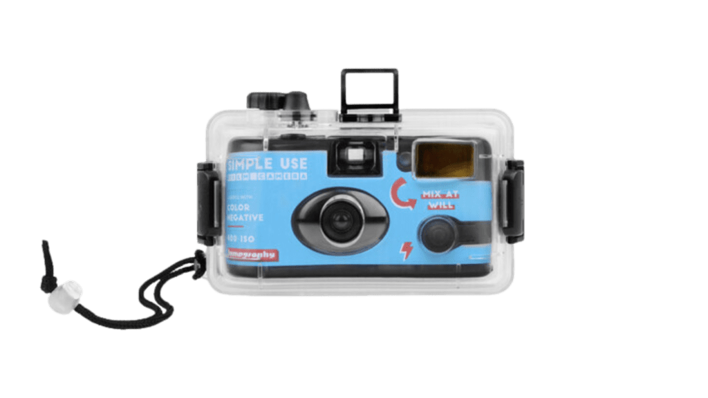 A disposable underwater camera enclosed in a transparent case.
