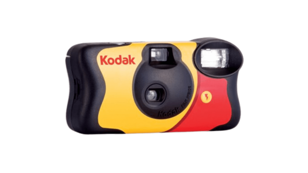 A black background featuring a Kodak instant disposable camera.