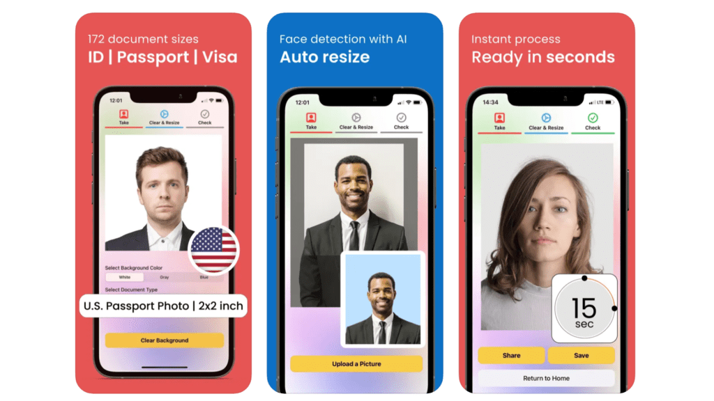 A best-in-class passport photo app showcasing a man, woman, and a man with a passport.