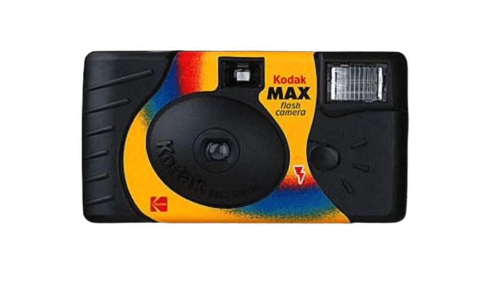 A disposable camera with a vibrant yellow and black background.