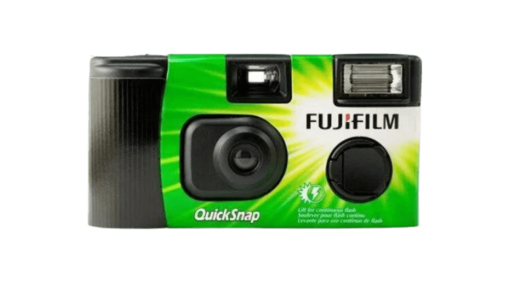 A disposable fujifilm instant camera in a black box.