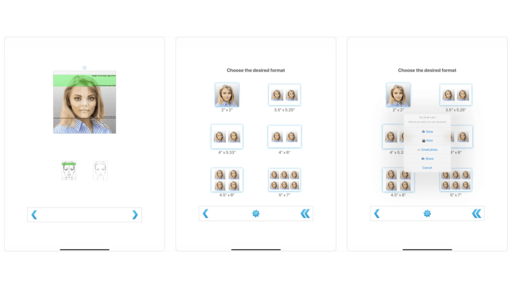 An iPhone screen displays a woman's face as it is captured using the best passport photo app.