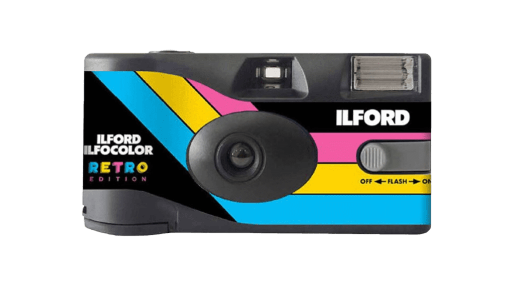 A disposable camera with a vibrant background.