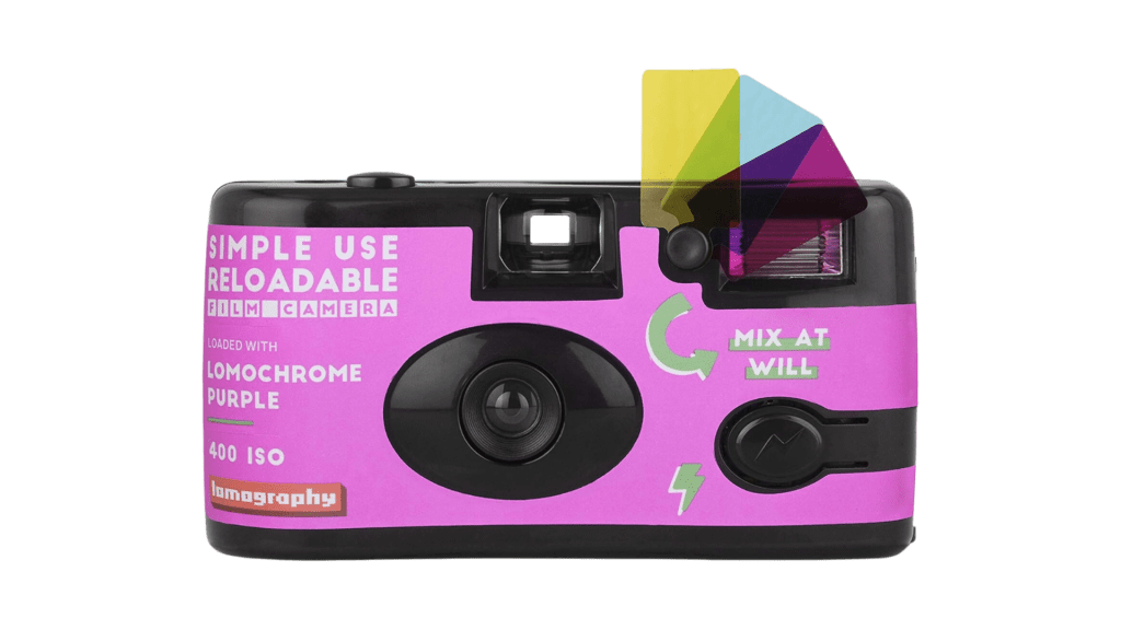A disposable camera with a pink and purple filter.