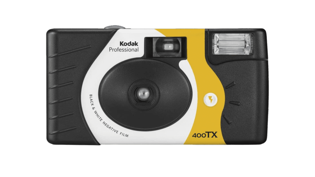 A disposable Nikon instant camera is shown on a black background.