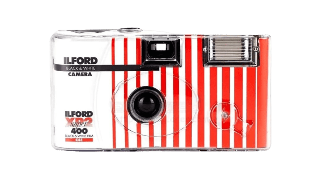A disposable camera with red and white stripes.