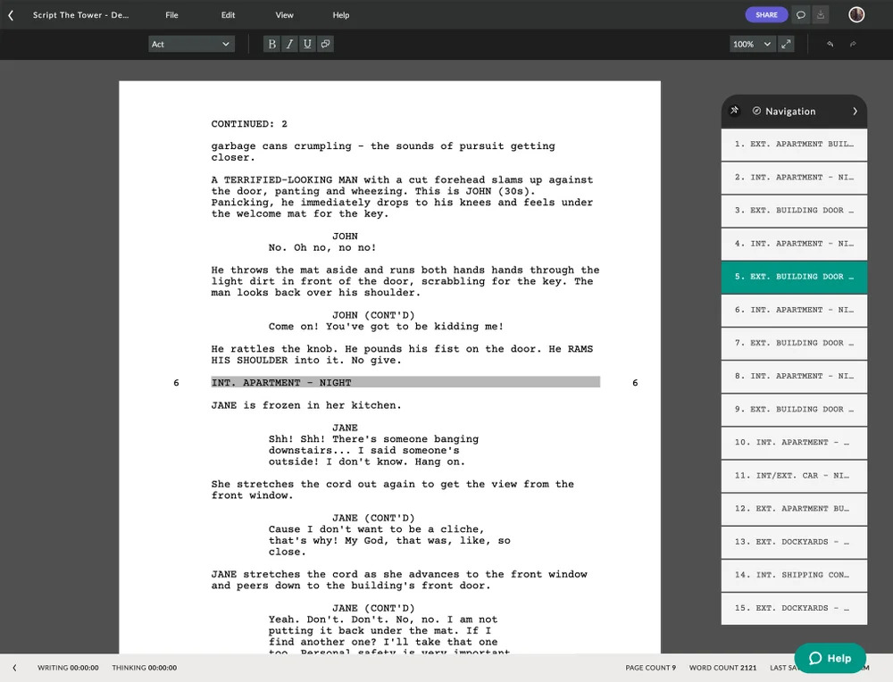A screen shot displaying screenwriting software.