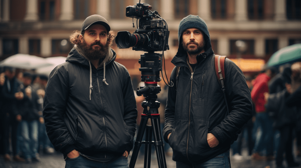 Two professionals, a cinematographer and a videographer, standing in front of a camera.