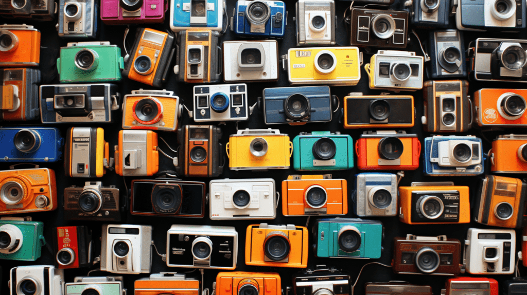 Many bulk disposable cameras are arranged in a row.