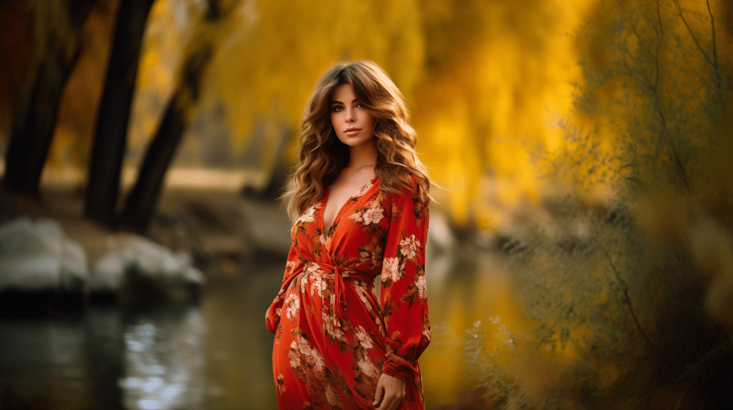 A woman in a red floral dress elegantly poses near the riverbank, framed by autumn trees in the background.