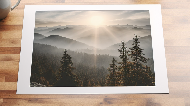 A glossy photo of mountains on a wooden table.
