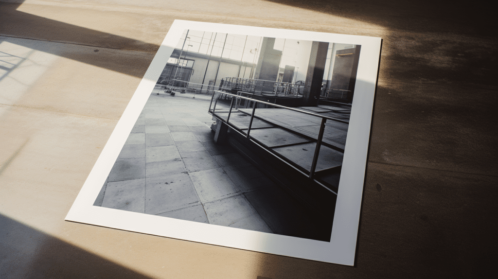 A glossy black and white photograph on the floor.