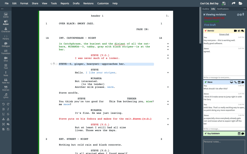A screen shot of a computer screen displaying movie script on screenwriting software.