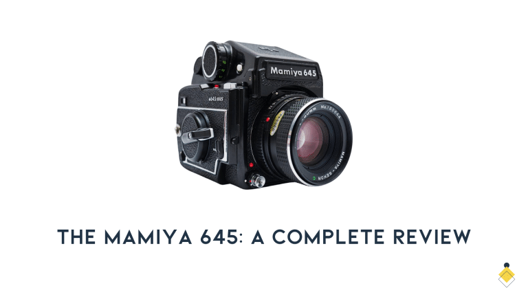 The Mamiya 645 camera, complete with lens, captures attention against a pristine white backdrop. Beneath the image, the bold text reads: "The Mamiya 645: A Complete Review.