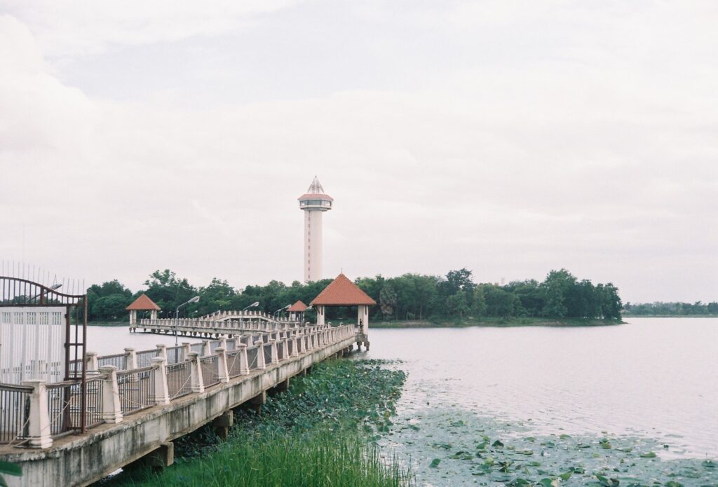 A picturesque wooden pier at a lake captured on Cinestill 400d, with a clock tower in the background.