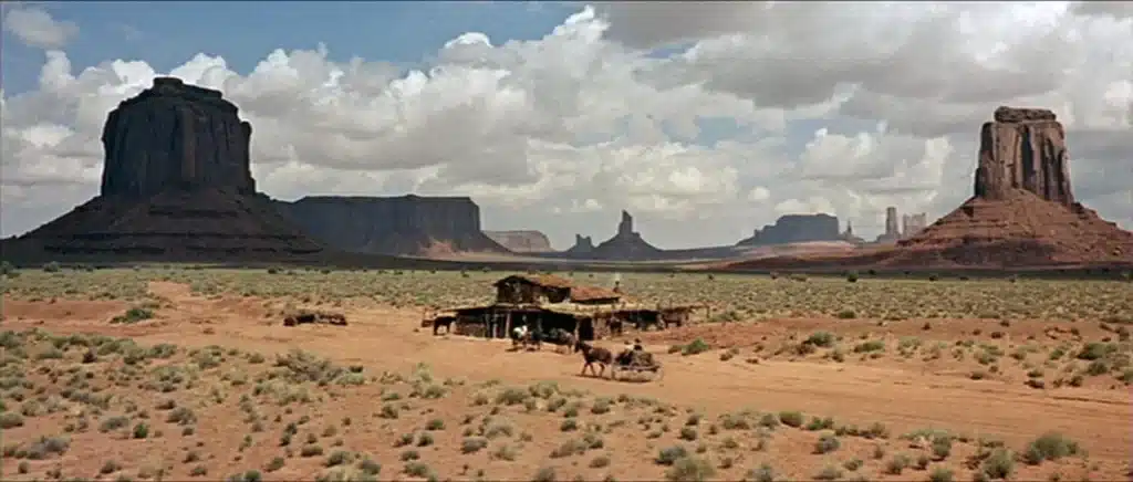 A wide shot of Monument Valley in a movie scene.