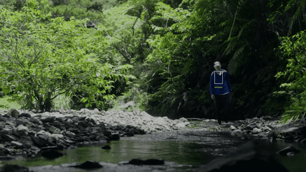 A man is walking along a stream in the jungle while conducting a Sony Burano Review.