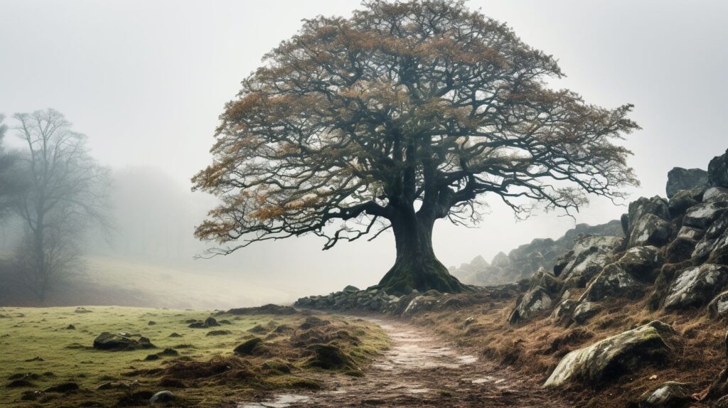 A lone tree in a foggy field.