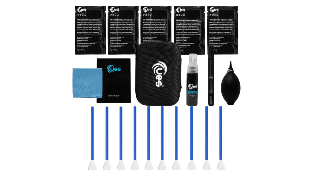 A black and blue cleaning kit for camera lens maintenance.