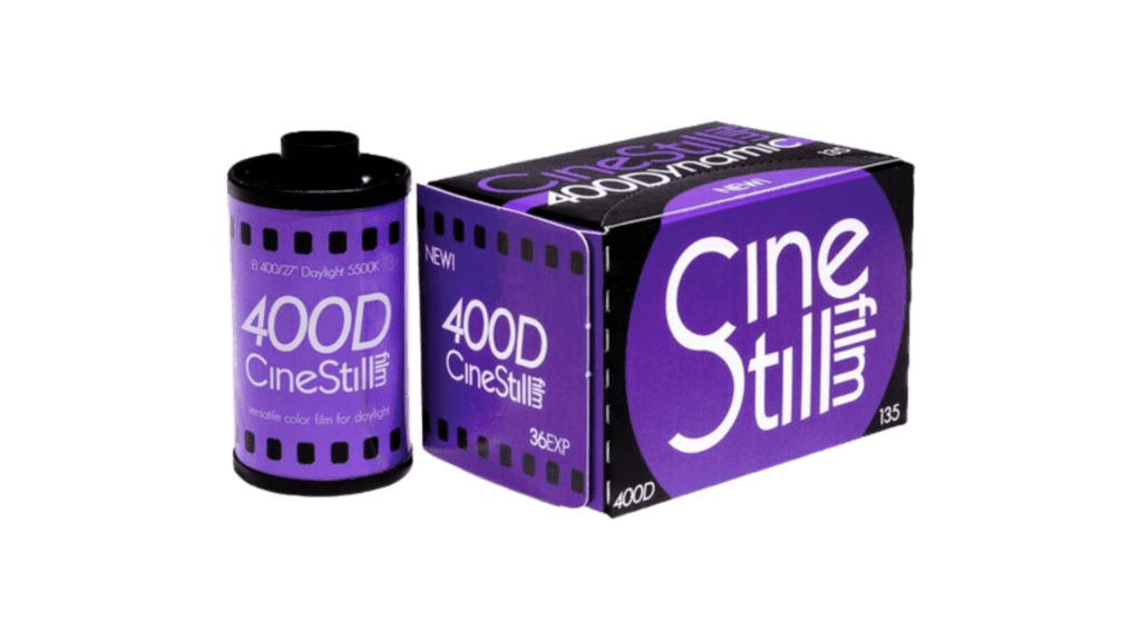 A box of Cinestill 400d film with a box next to it.