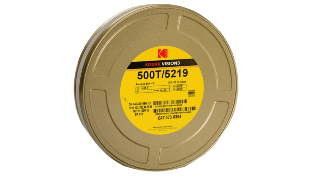 Kodak film reel with a yellow label and Cinestill 400d.