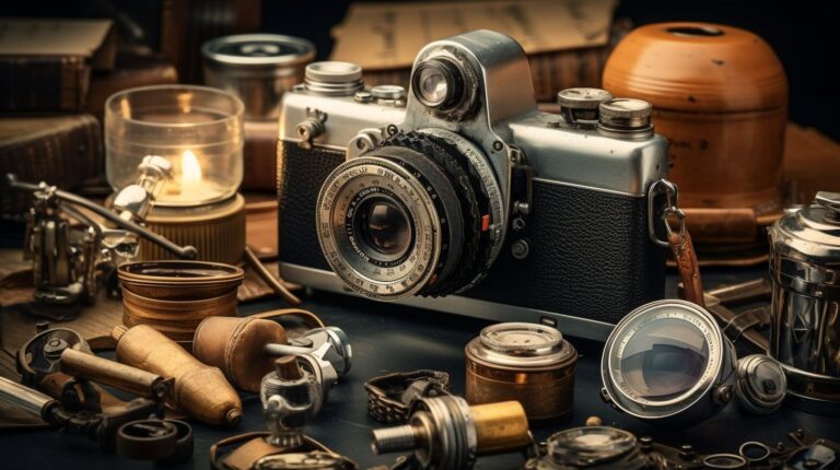 An old camera and other items on a table.