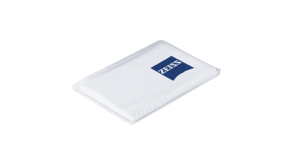 A white cloth with a blue logo on it, perfect for Camera lens cleaning.