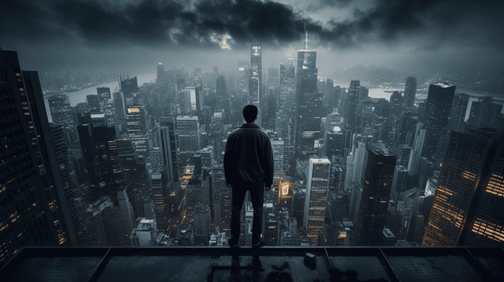 A man on a ledge overlooking a city at night captured in a high angle shot.