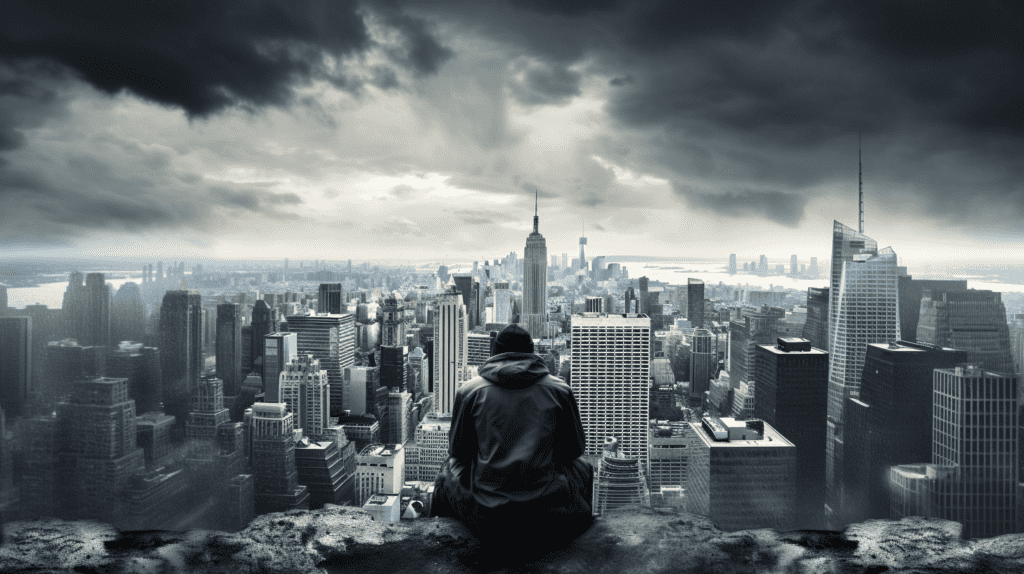 High angle shot of a man sitting on a cliff.