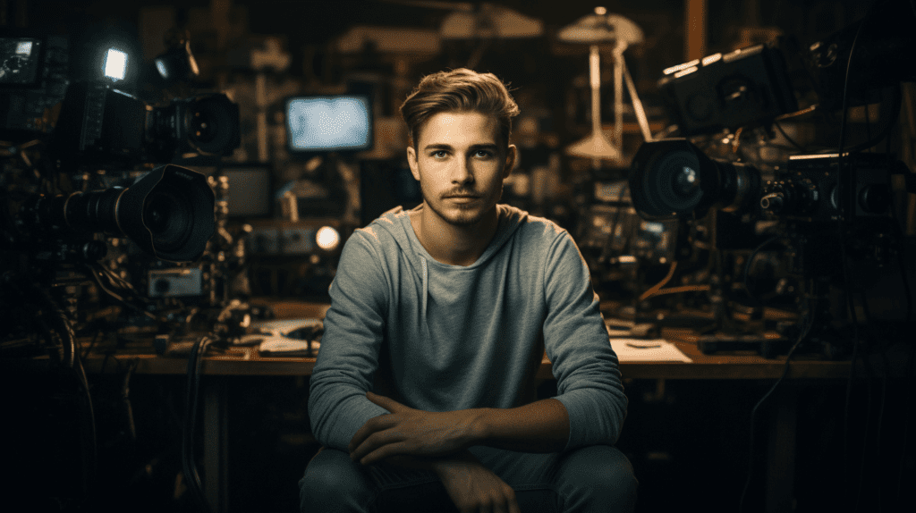 A man sitting at a desk in front of a bunch of cameras, captured from a high angle.