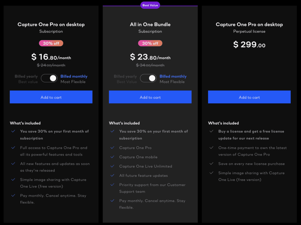 The pricing page for Capture One.
