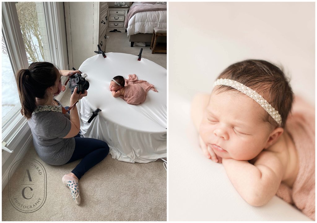 In a stunning example of newborn photography, a photographer captures a sleeping baby on a white backdrop. Wrapped in a light pink blanket with a matching headband, the baby rests peacefully, embodying pure innocence and serenity.