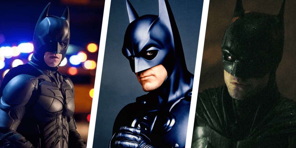 A collage showcasing the evolution of Batman costumes worn by various actors in order.
