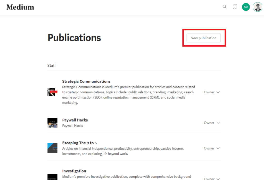 A screen shot of a page with the word 'publications' highlighted, showcasing writing for Medium.