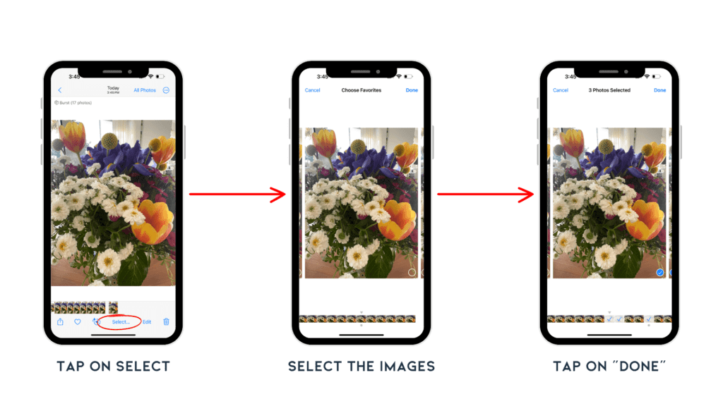 A screenshot of an iPhone with flowers in the background, providing steps on how to turn off burst mode.