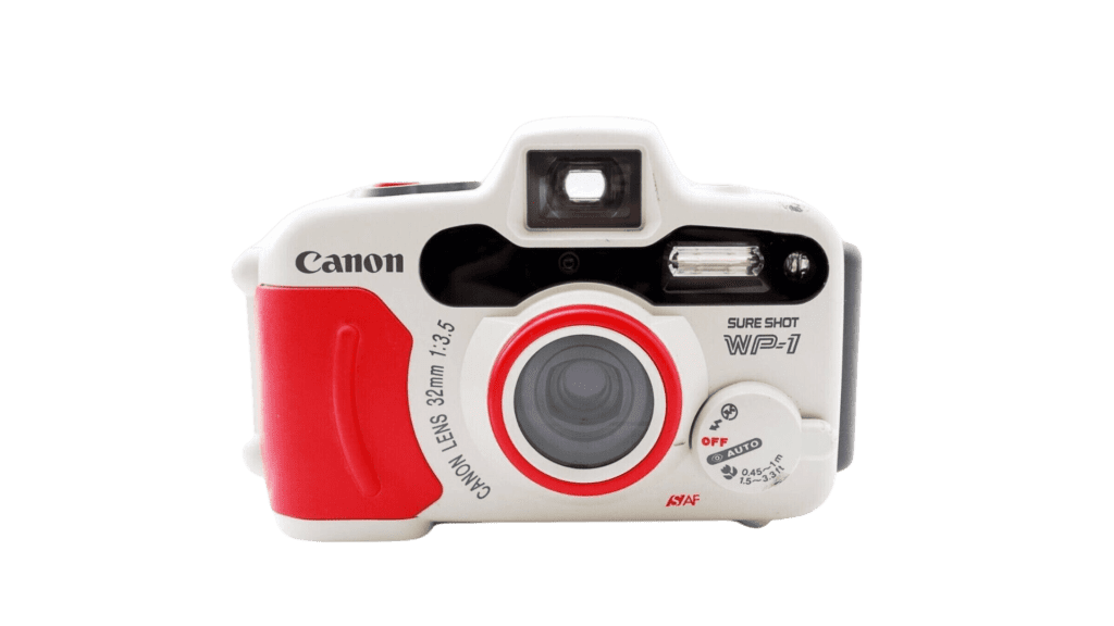 A Canon digital camera on a white background.