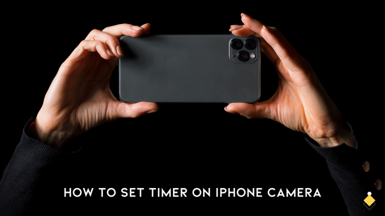 Hands holding an iPhone horizontally against a black background, with the text "Learn How to Set Timer on iPhone Camera" displayed underneath.