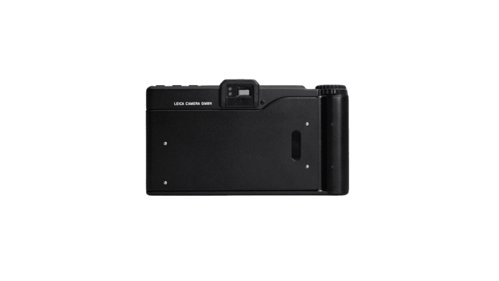 A sleek black camera sits on a crisp white background.